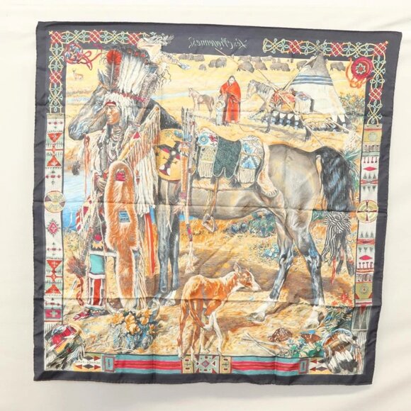 HERMES Carre 90 Scarf ""Les Cheyennes"" Silk Brown - Picture 14 of 14